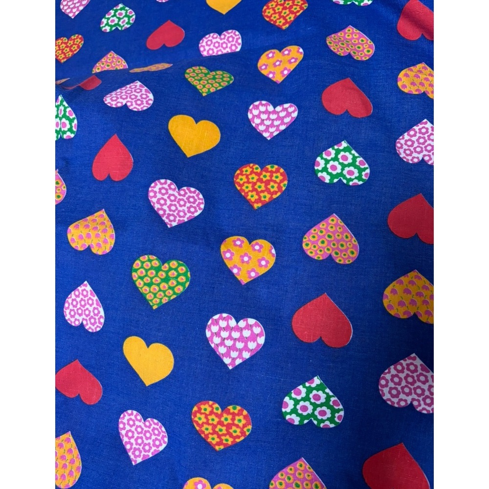 VTG Groovy‎ Heart Print Fabric Blue Cotton Sewin Material Craft Supplies